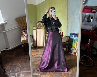 Vintage Purple Silky Maxi Skirt, A-line Taffeta Long Skirt