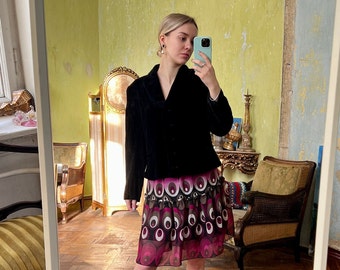 Vintage Black Velvet Crop Blazer, Designer Black Velvet Jacket