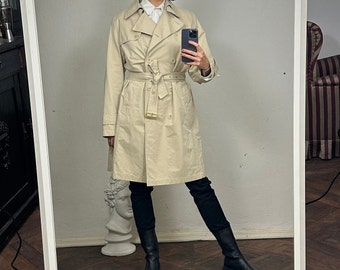 Vintage Beige Trench Coat, Light Cotton Coat, Midi Trench Coat with Tie Waist