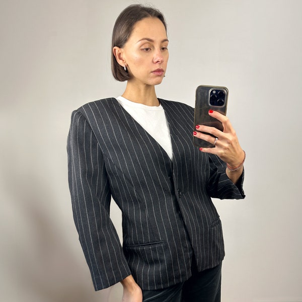 Vintage Grey Striped LUISA SPAGNOLI Wool Blazer, Designer wool Women' s Oversized blazer