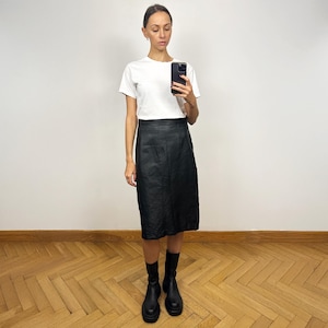 Vintage Black Leather Midi Skirt, High Waist Black Leather Skirt