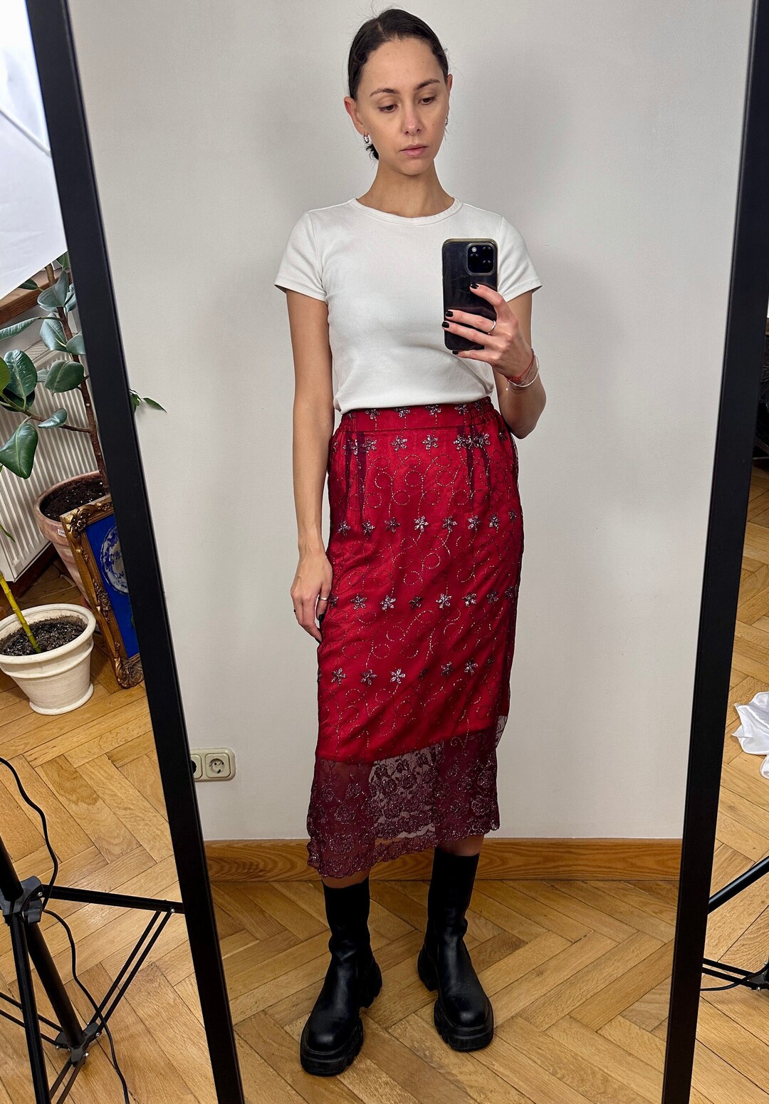Red Lace Ruched Front High Low Lace Skirt