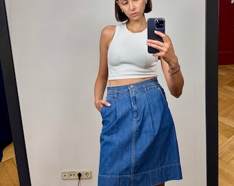 Vintage Denim Midi Skirt , Blue Cotton Midi Skirt