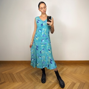 Vintage Blue Floral Sleeveless Maxi Dress, Long Summer Dress with Mother of pearl  buttons