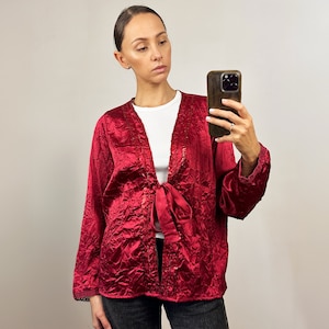 Vintage Red Satin Blouse, Long Sleeve Embellished Silky Top