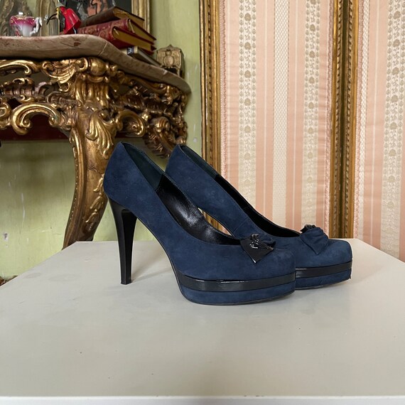 Vintage Navy Suede Leather Heels Shoes Designer Dark Blue Platform Shoes
