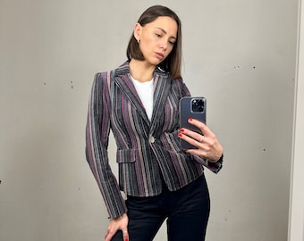 Vintage Striped Velvet Blazer, Mother of pearl buttons Velvet Jacket