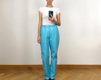 Pantalon en similicuir bleu clair vintage, pantalon taille haute de créateur, pantalon en cuir écologique pour femmes
