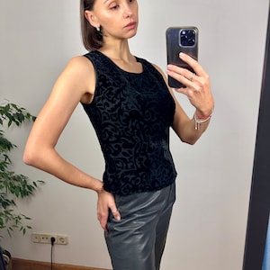 Vintage Black Velvet Floral Blouse, Sleeveless Top