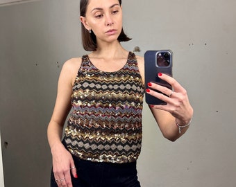 Vintage Brown Sleeveless Embellished Blouse,  Sleeveless Sequin Top