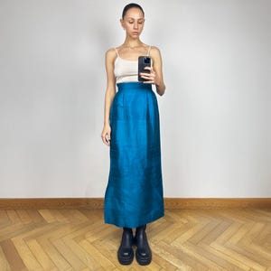 Vintage Türkis Seidiger Maxi Rock, Hohe Taille Langer Rock