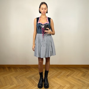 Vintage Austrian Blue Plaid Apron Dress , Embroidered Sleeveless Midi Dress