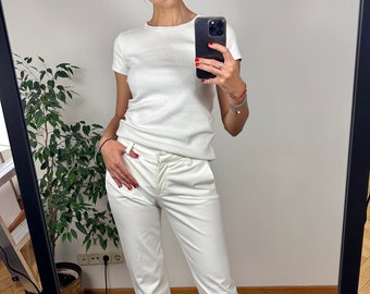 Vintage White Trousers, Summer Women's  Pants