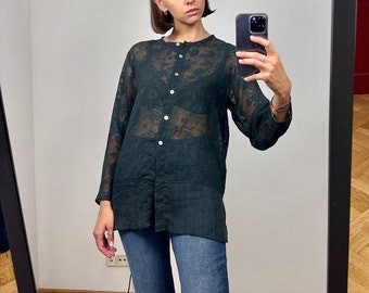 Vintage Black Sheer Floral Blouse, Long Sleeve Semi-Sheer Top with Mother of pearl buttons