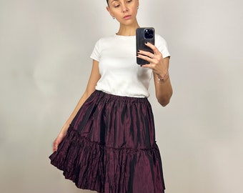 Vintage paarse Tffeta Ruffle Midi rok, A-lijn zijdeachtige minirok