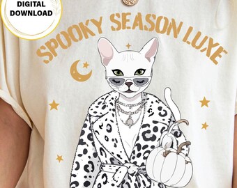 Glam Cat Pumpkin T-Shirt Design | Spooky Season Sublimation PNG | Girly Halloween Graphic for Women