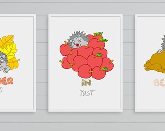 Hedgehog Woodland Animal Nursery Art Print, Kids Forest Decor (Digital Download)