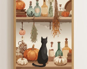 Witchy Kitchen Wall Art, Black Cat Halloween Poster, Cozy Autumn Pumpkins (Digital Download)