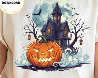 Haunted House Pumpkin PNG, Spooky Halloween Graphic, Vintage Horror Sublimation (Digital Download)