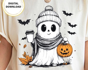 Cozy Ghost Trick or Treater PNG, Autumn Halloween Sublimation Design (Digital Download)