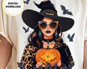 Glam Witch PNG, Leopard Print Halloween Design, Spooky Season Sublimation (Digital Download)