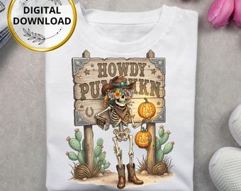 Howdy Pumpkin Skeleton T-Shirt Design | Western Halloween Sublimation PNG | Retro Cowboy Fall Graphic