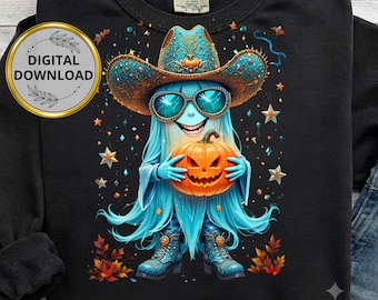 Spooky Ghost PNG, Skeleton Girl Pumpkin Sublimation Design (Digital Download)