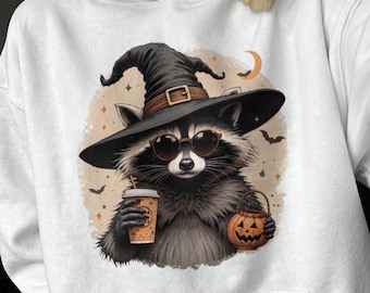 Halloween Raccoon PNG, Witch Raccoon T-Shirt Design, Spooky Animal Sublimation (Digital Download)