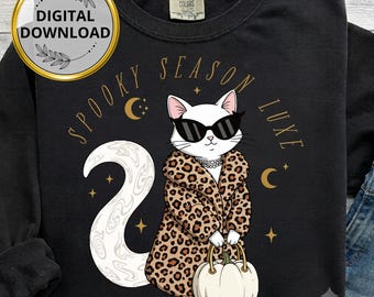 Glam Leopard Cat Halloween T-Shirt Design | Spooky Season Sublimation PNG | Trendy Girly Witch Graphic