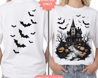 Haunted Cemetery Halloween PNG, Spooky Graveyard Moon Bats Shirt Design (Digital Download)