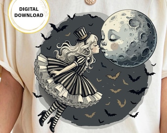 Vintage Moon Kiss Halloween T-Shirt Design | Retro Witch PNG (Digital Download)