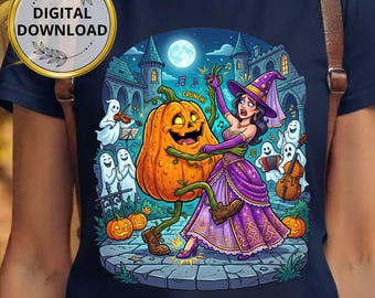 Funny Witch Dancing Pumpkin PNG, Spooky Halloween Ghost Musicians Graphic (Digital Download)