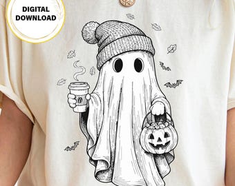 Cozy Ghost Trick or Treater PNG | Halloween Autumn Spooky Season Graphic (Digital Download)