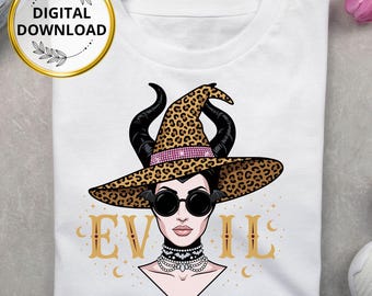 Evil Witch PNG Design, Leopard Horn Hat, Glam Gothic Halloween Graphic (Digital Download)