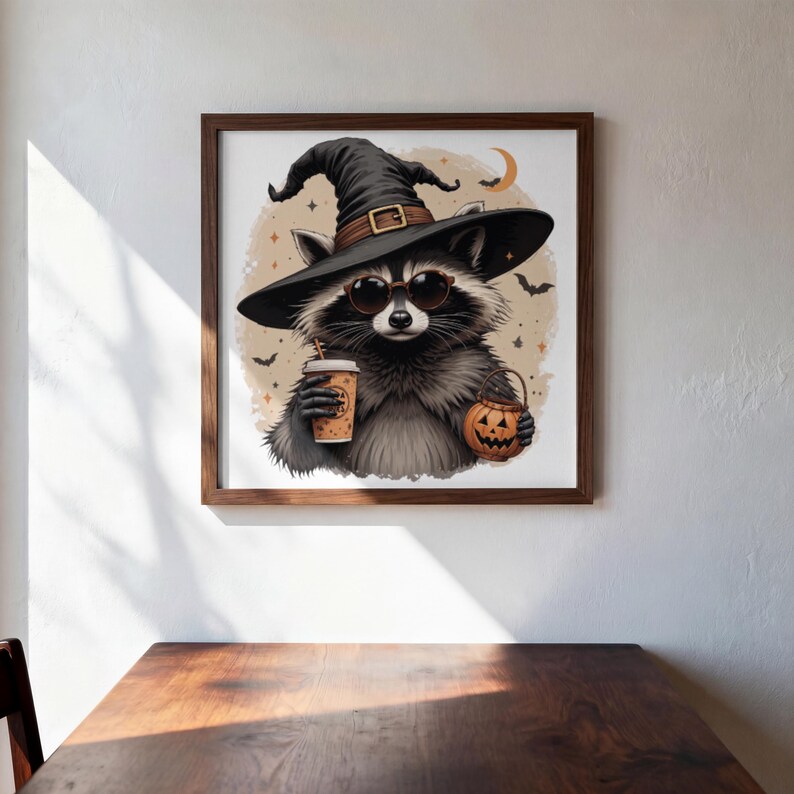 May include: A framed square wall art print featuring a gray raccoon wearing a black witch hat with a brown band and dark sunglasses. The raccoon holds a tan coffee cup and a small orange jack-o'-lantern bucket against a beige background.
