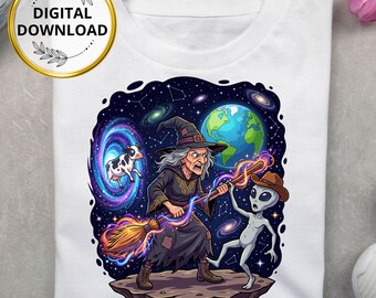 Witch vs Alien PNG, Spooky Space Halloween Graphic, UFO Cow Abduction (Digital Download)