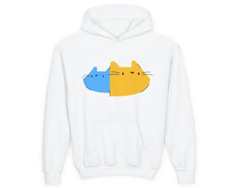 Sudadera juvenil con capucha de gato mitad y mitad / Gráfico de gato azul y amarillo