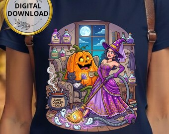 Funny Witch Cleaning Halloween PNG, Spooky Season Graphic (Digital Download)