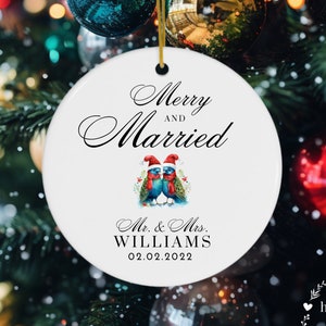 Personalized First Christmas Merry and Married Ornament - Custom First Christmas Married Keepsake - Wedding Gift - Mr & Mrs - Peacocks