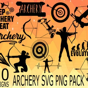 Paquete de diseño SVG PNG de tiro con arco, paquete de diseño de cricuit, arqueros de cricuit svg, calcomanía de tiro con arco de caza, arco de arquero vectorial, flecha y arco, ballesta