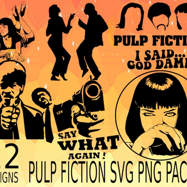 Pulp Fiction Movie Vectors SVG PNG Design bundle cricuit design pack cricuit stencils pulp fiction, tarantino, samuel jackson, say what agai