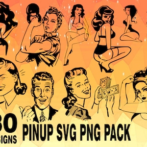 Pin up SVG PNG Design bundle cricuit design pack old school, retro vector svg png, pin up girls, stylish old retro vectors, girl fight