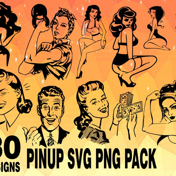 Pin up SVG PNG Design bundle cricuit design pack old school, retro vector svg png, pin up girls, stylish old retro vectors, girl fight