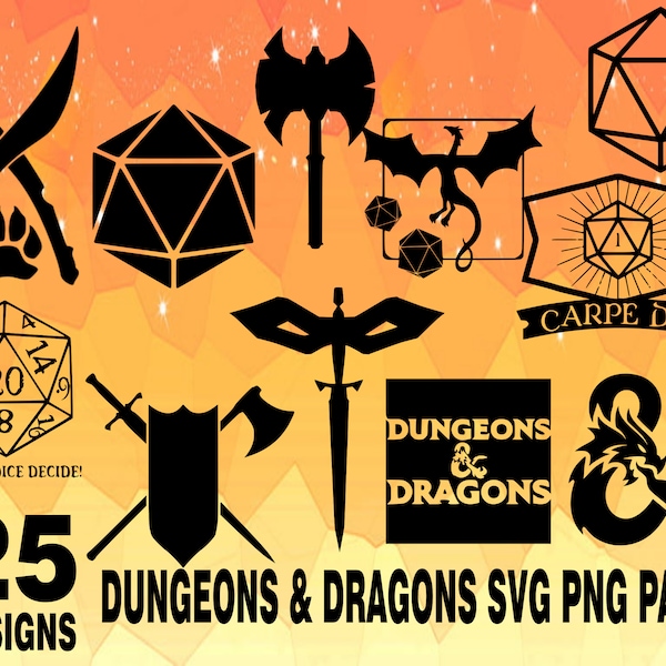 DnD Dungeons and Dragons SVG PNG Design bundle stickers design pack cricuit designs, gaming board games dnd. dungeon & dragons game role pla