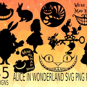 Hommage à Alice au pays des merveilles SVG PNG Design bundle stickers design pack cricuit designs, terrier de lapin, tous fous ici, alice au pays des merveilles svg