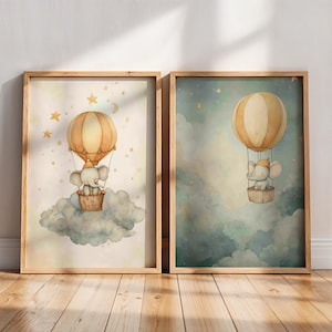 Flying Elephant Nursery Prints Set | Dreamy Hot Air Balloon Art | Soft Watercolor Animal Decor | Set of 2 Baby Room Prints