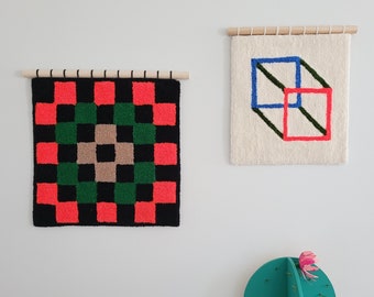 abstract tufted wall hanging, minimalist, mid-century modern, mcm, punch needle, woven, granny square, vintage