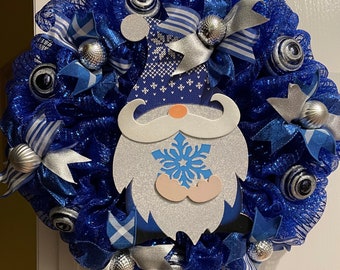 Hanukkah Gnome Wreath, Holiday Gnome Wreath, Blue and Silver Deco Mesh Gnome Wreath