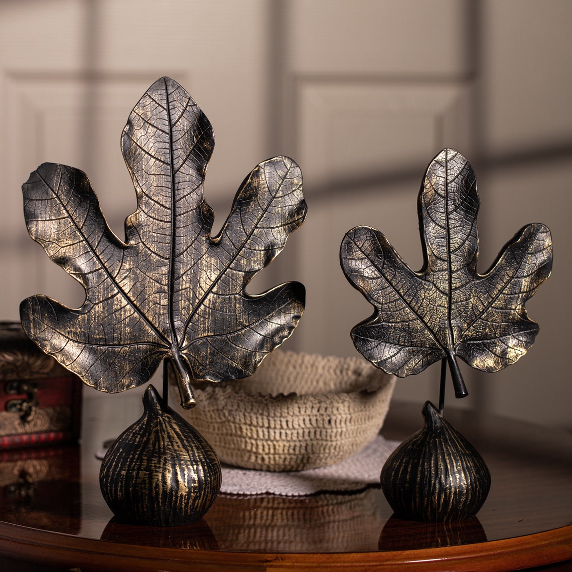 Decorative Accessory Two Fig Leaves Statue Figurine Gold Etsy