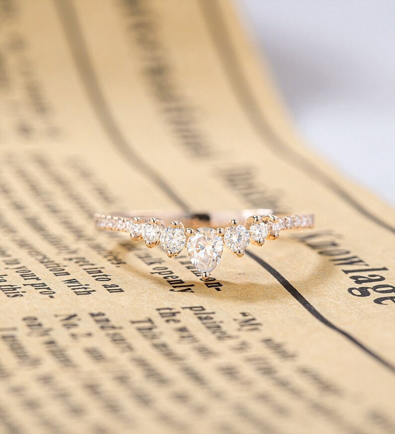 Unique Wedding band women Moissanite Wedding band Vintage Wedding band Art Deco Anniversary gift for her Curved Diamond Rose gold ring